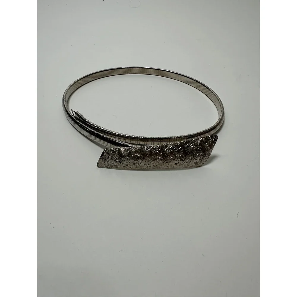 Vintage 70s Silver Snake Chain Stretch Belt Ornate Stamped Etched Buckle Retro
